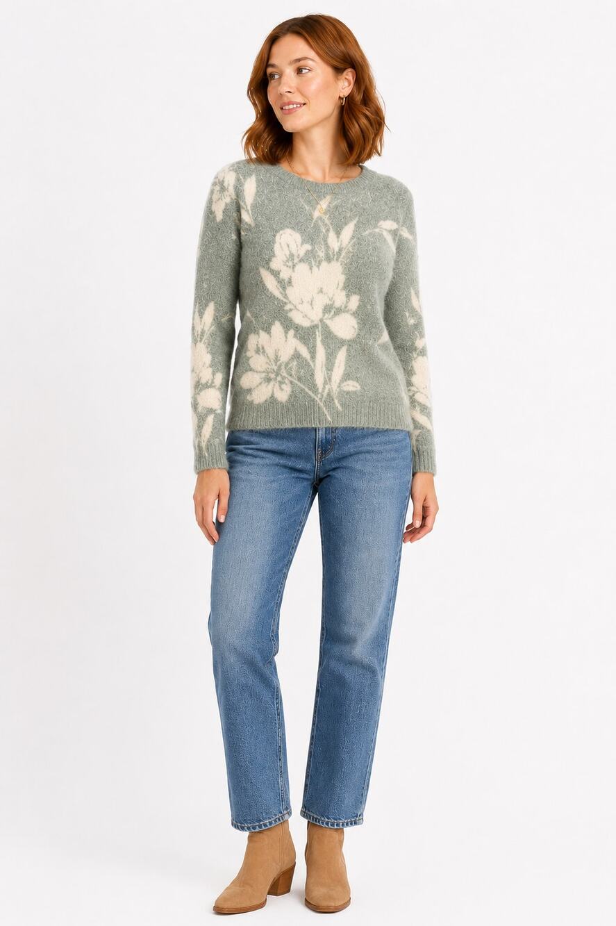 Joie Floral Knit Sweater Medium Green Cream Pullover Lightweight Relaxed Fit
